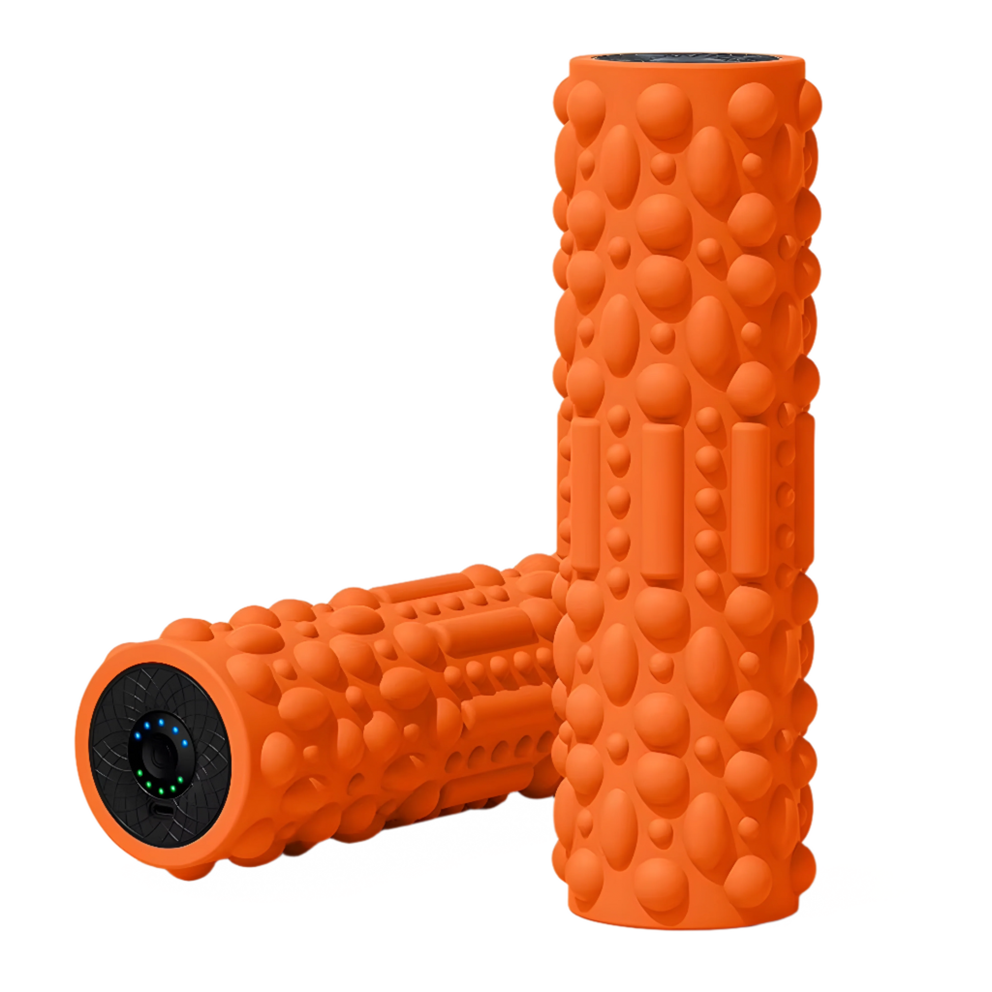 Orange textured foam roller on a light gray background